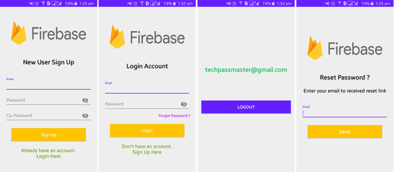 Android working with Firebase Authentication - Signup and Login All Screens