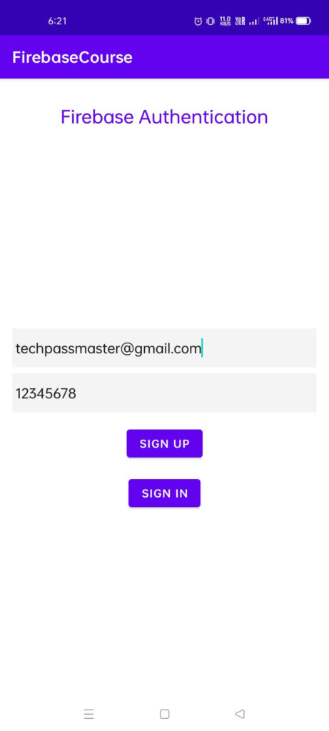 Firebase signup and login screen